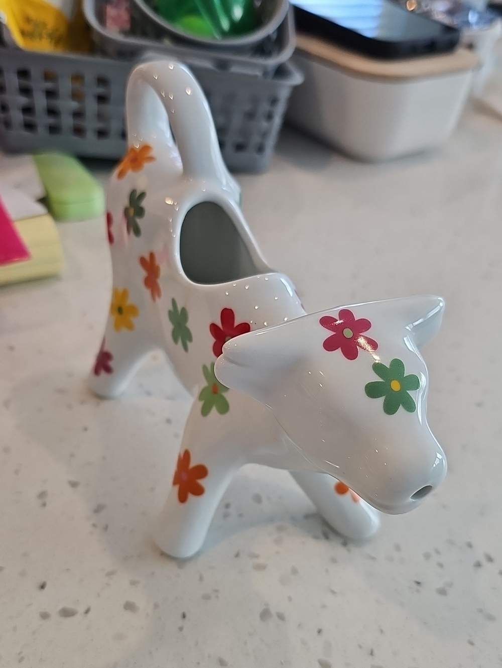 White Ceramic Cow Vase with Multicolor Flower Accents